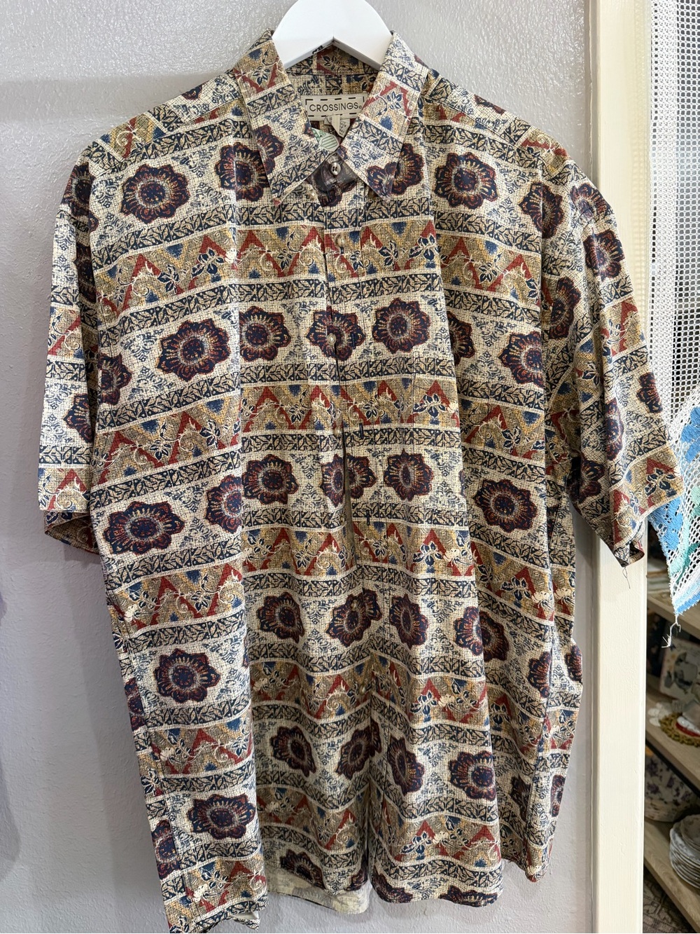 Crossings Beige Floral-Stripe Short Sleeve Shirt